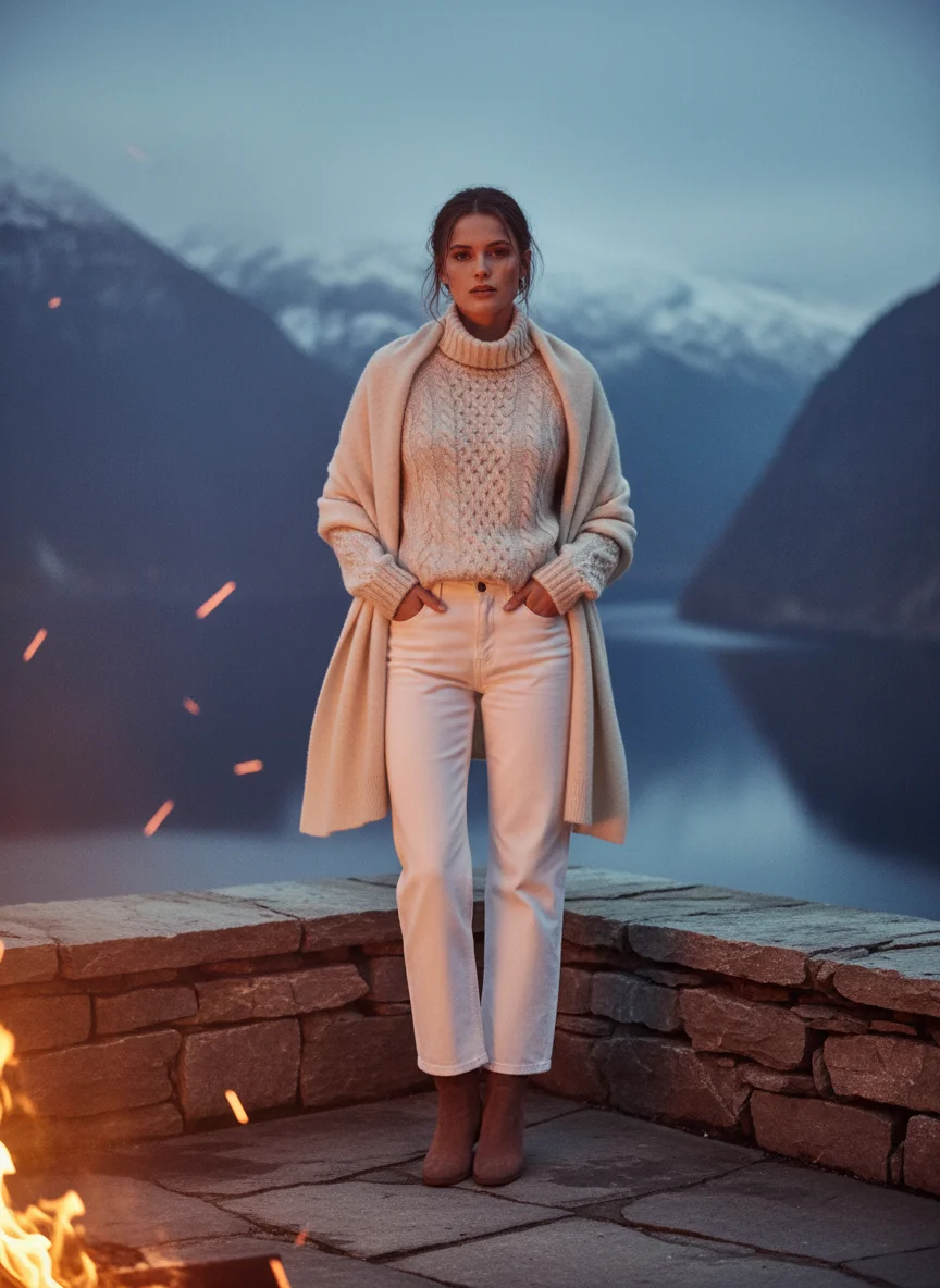 Cream Cable Knit & White Jeans