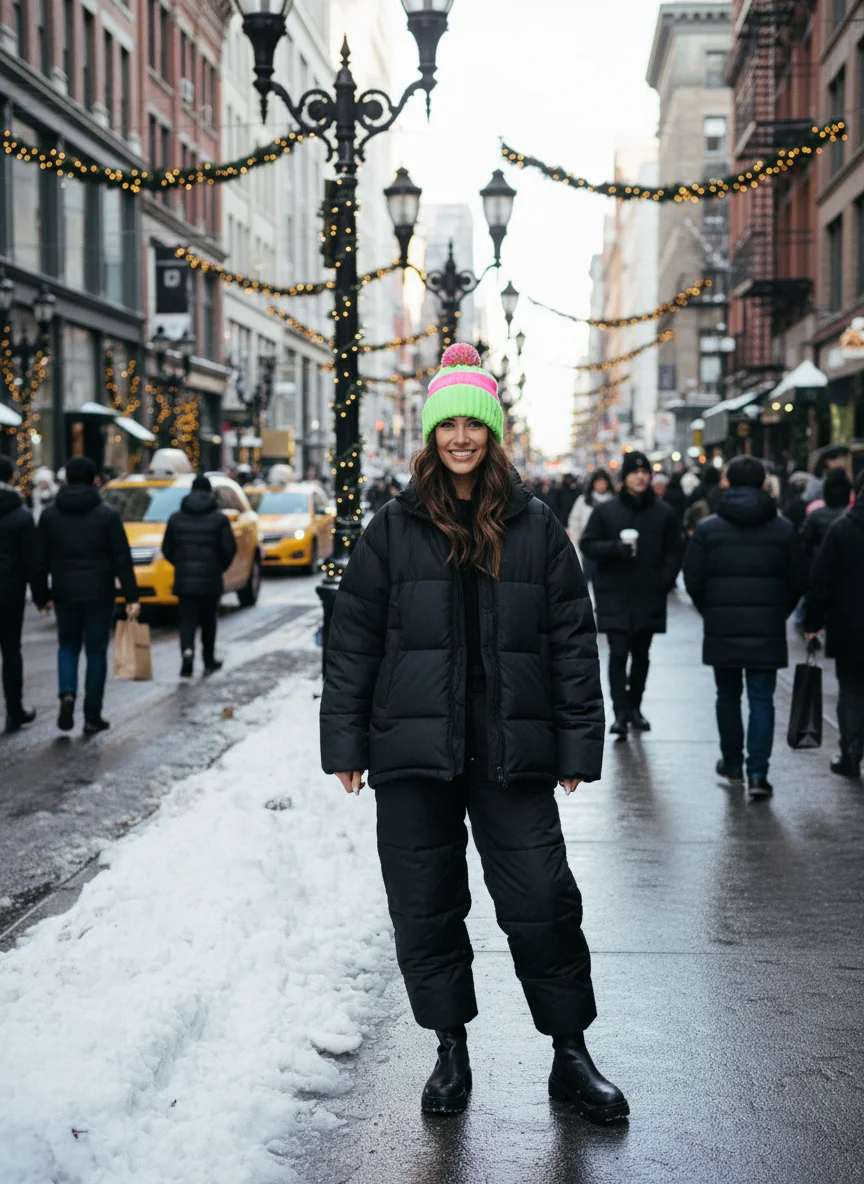 Neon Beanie with Black Puffer Outfit