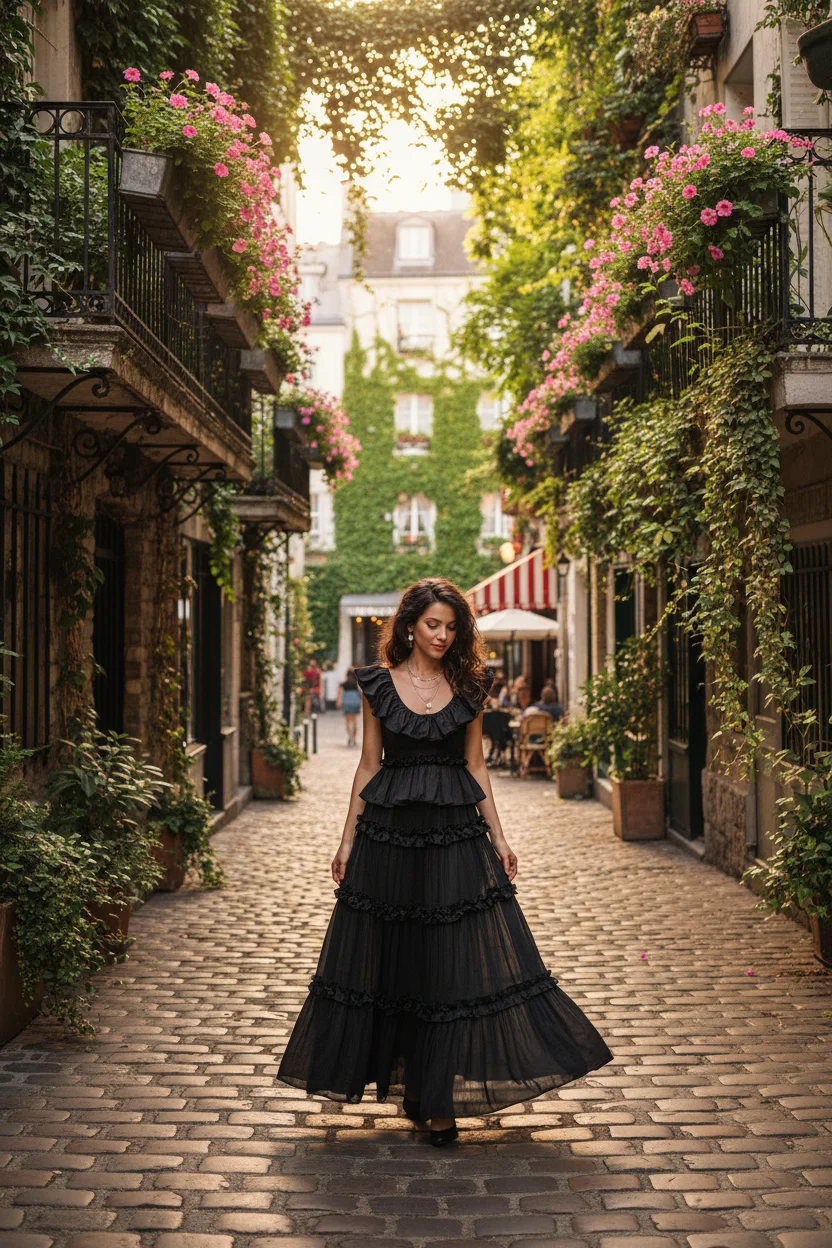 Ruffled Long Black Skirt and Peplum Top