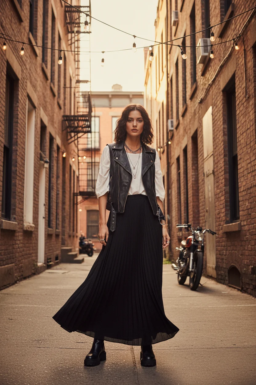 Flowy Long Black Skirt and Leather Vest