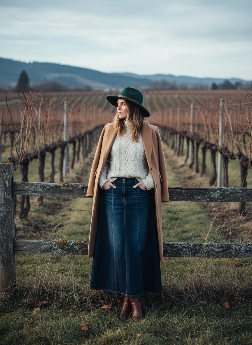 Denim Maxi Skirt Winery Outfit