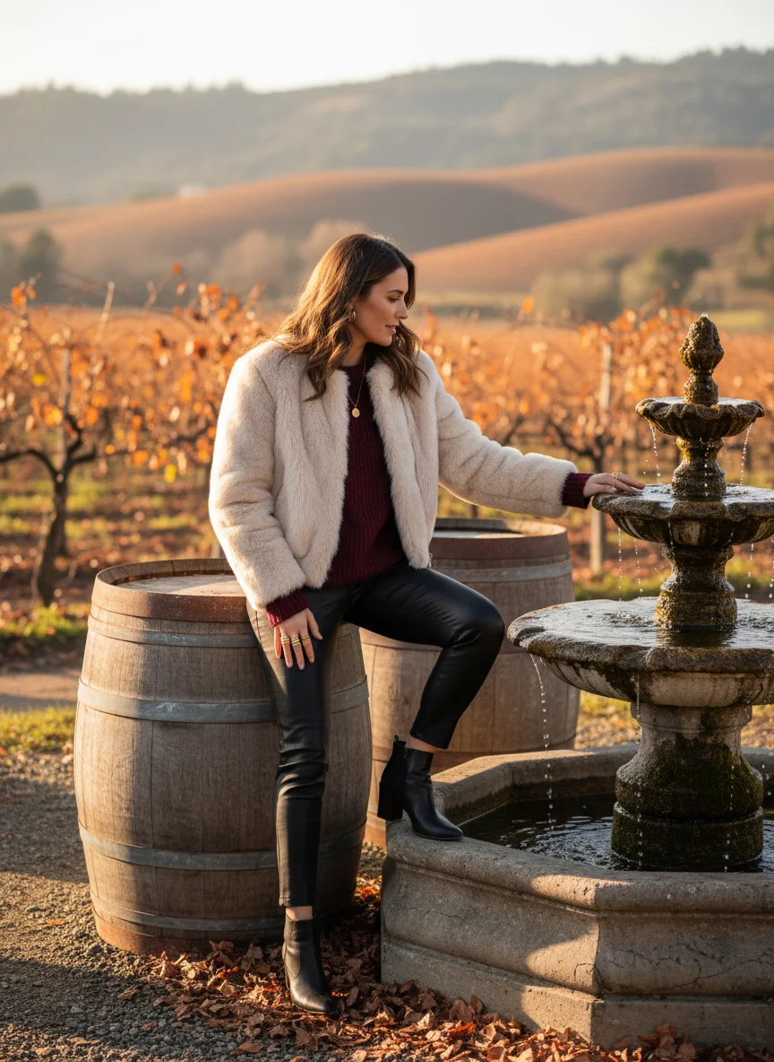 Leather Pants Winery Look with Faux Fur
