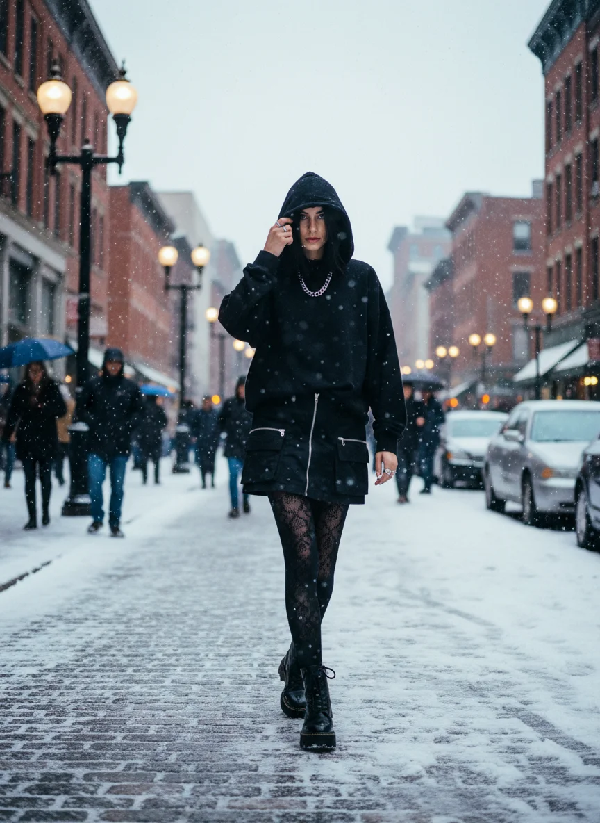 Cargo Black Mini Skirt with Oversized Hoodie