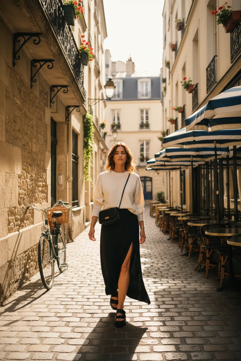 Long Black Skirt with a Slit and Chunky Sandals