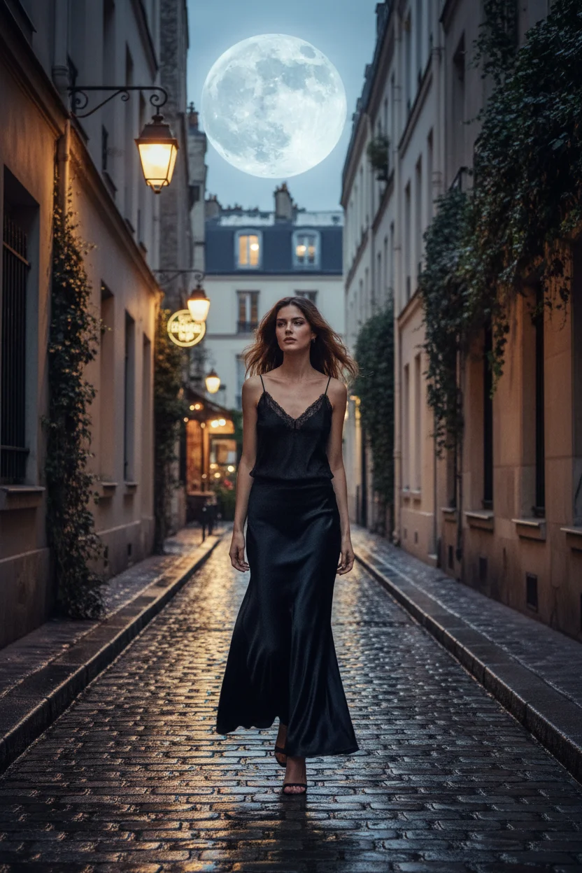 Long Black Skirt with a Lace Cami