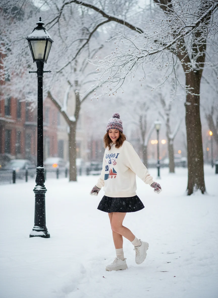 Quilted Black Mini Skirt and Graphic Sweatshirt
