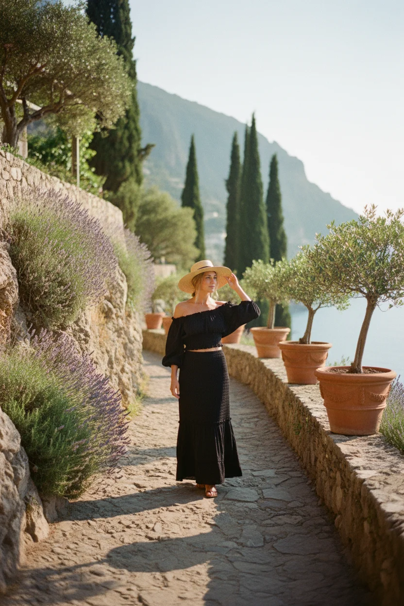 Smocked Long Black Skirt and Off the Shoulder Top
