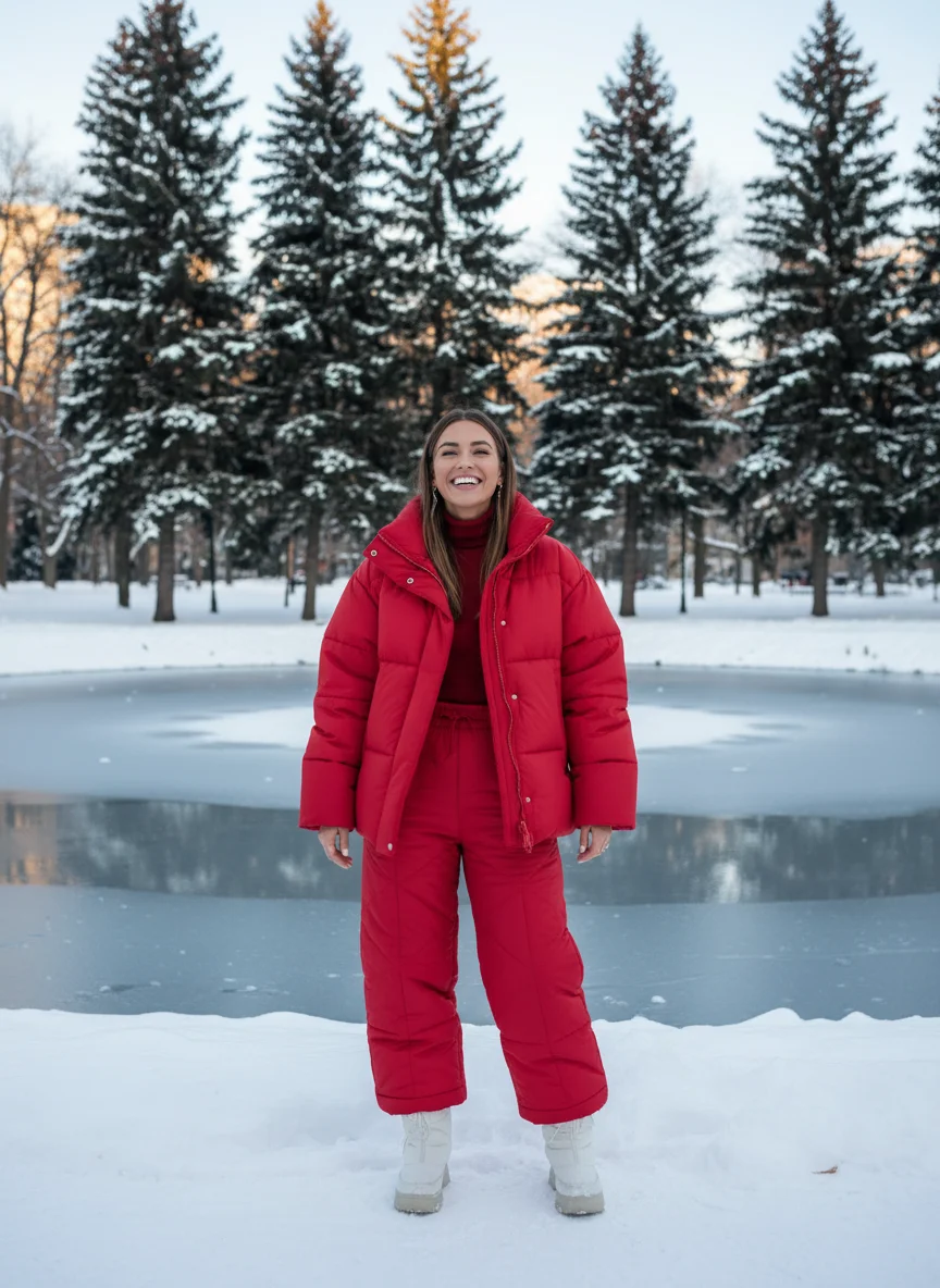 Bright Red Puffer Statement Outfit