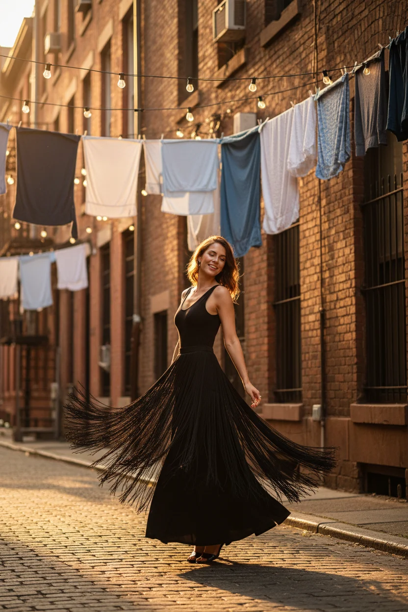 Fringe Long Black Skirt and Basic Bodysuit