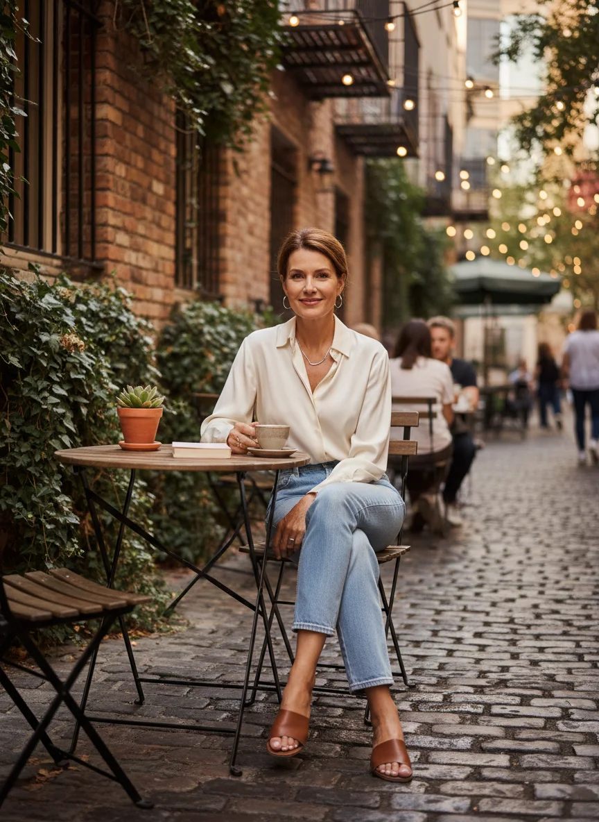 Silk Blouse and Straight Leg Jeans