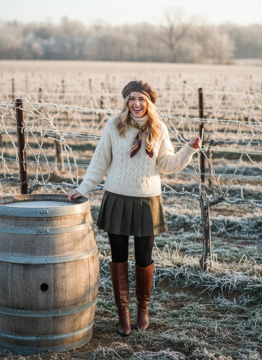 Turtleneck and Mini Skirt Winery Outfit