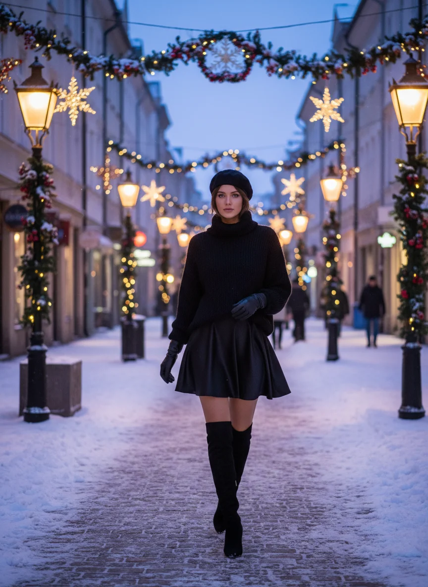 Satin Black Mini Skirt with Mohair Sweater