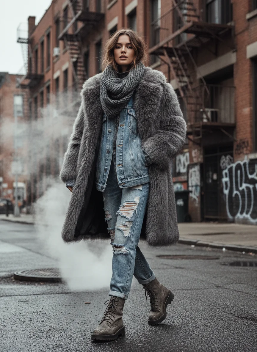 Grey Fur and Distressed Denim