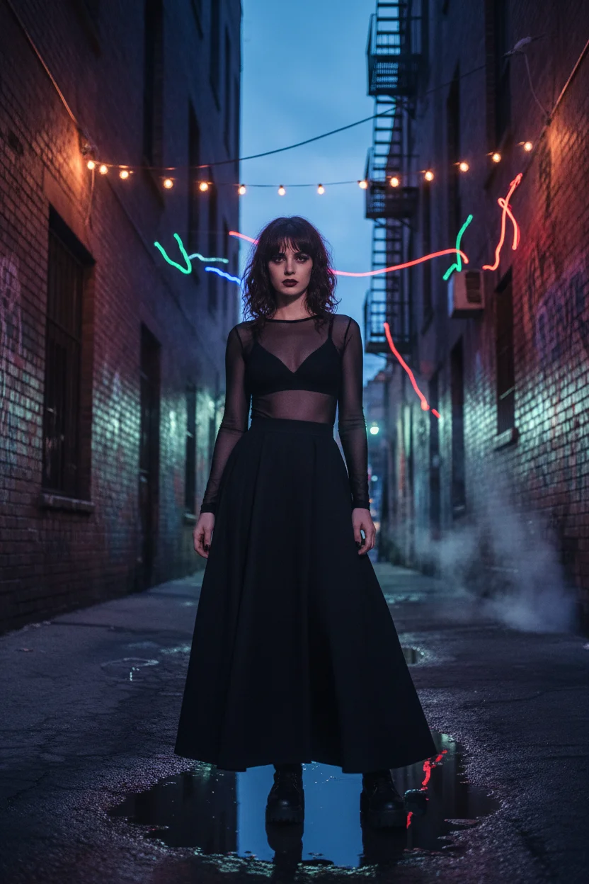 Long Black Skirt with a Sheer Mesh Top
