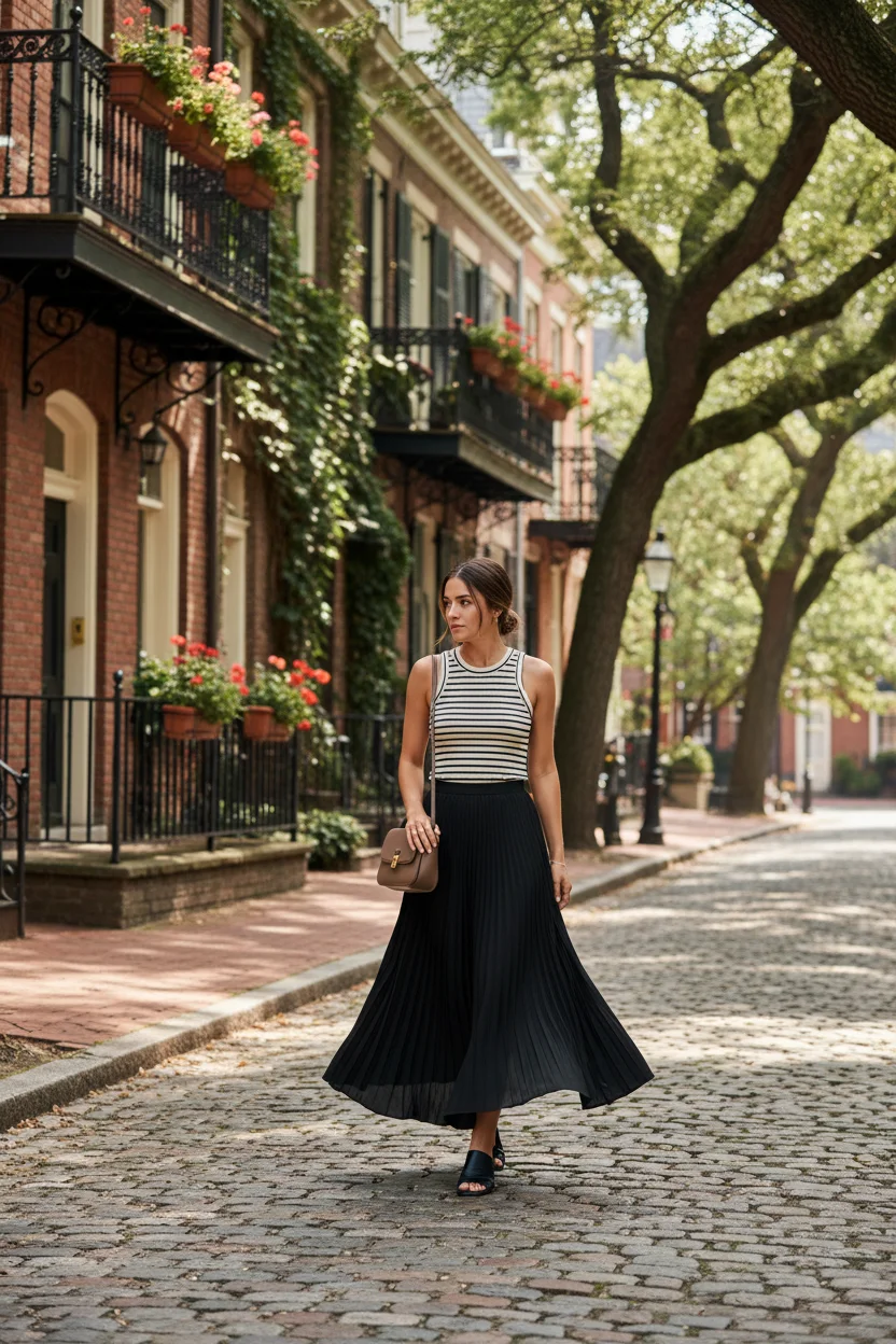Pleated Long Black Skirt with a Striped Tank