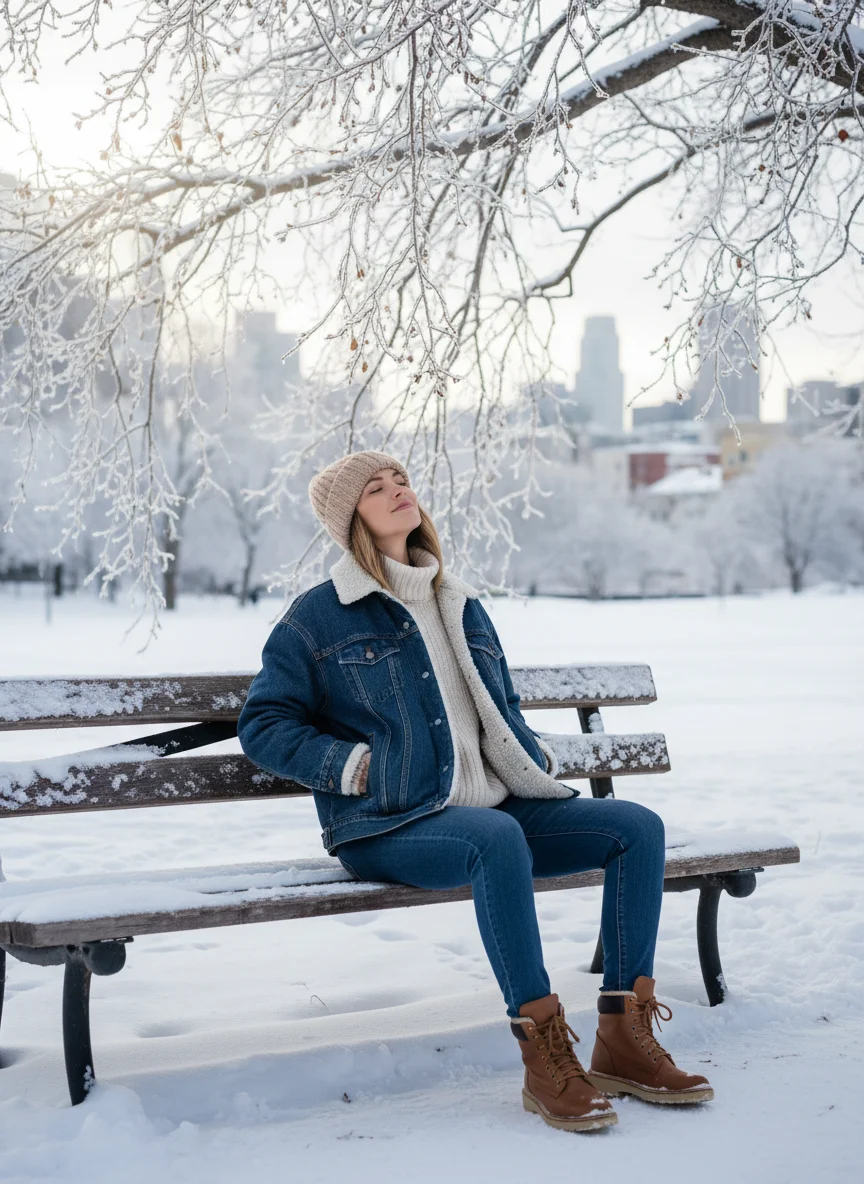 Sherpa Lined Denim Jacket Outfit