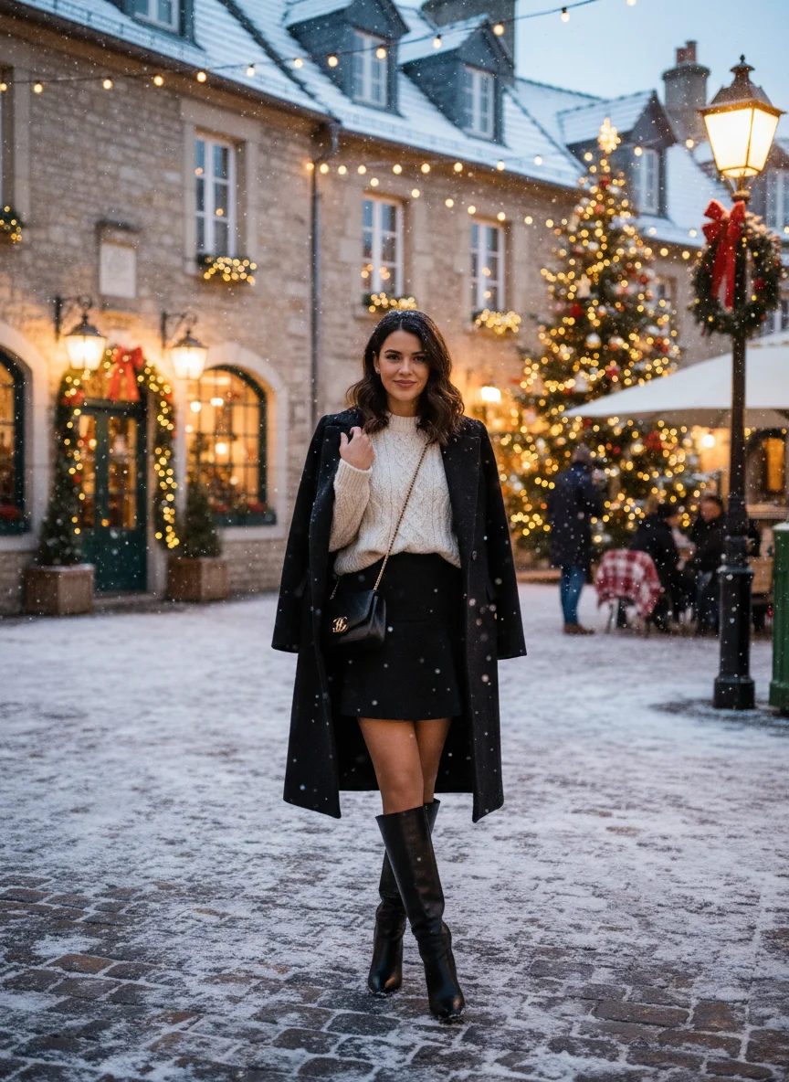A-Line Black Mini Skirt with Knee High Boots