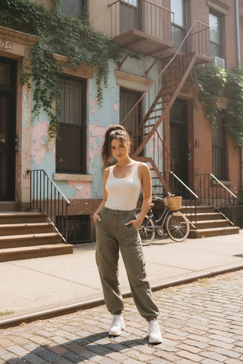 Cargo Pants and Ribbed Tank Casual Summer Outfit