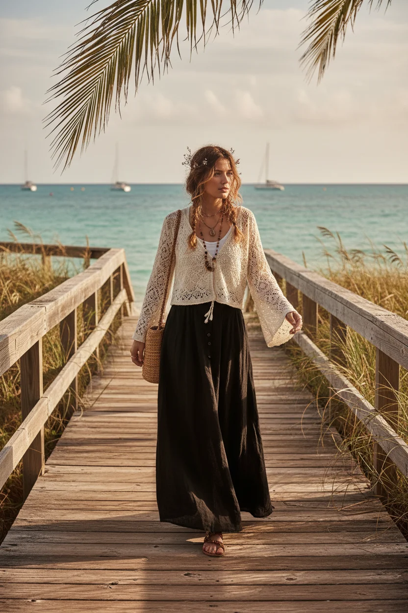 Long Black Skirt with a Crochet Cardigan