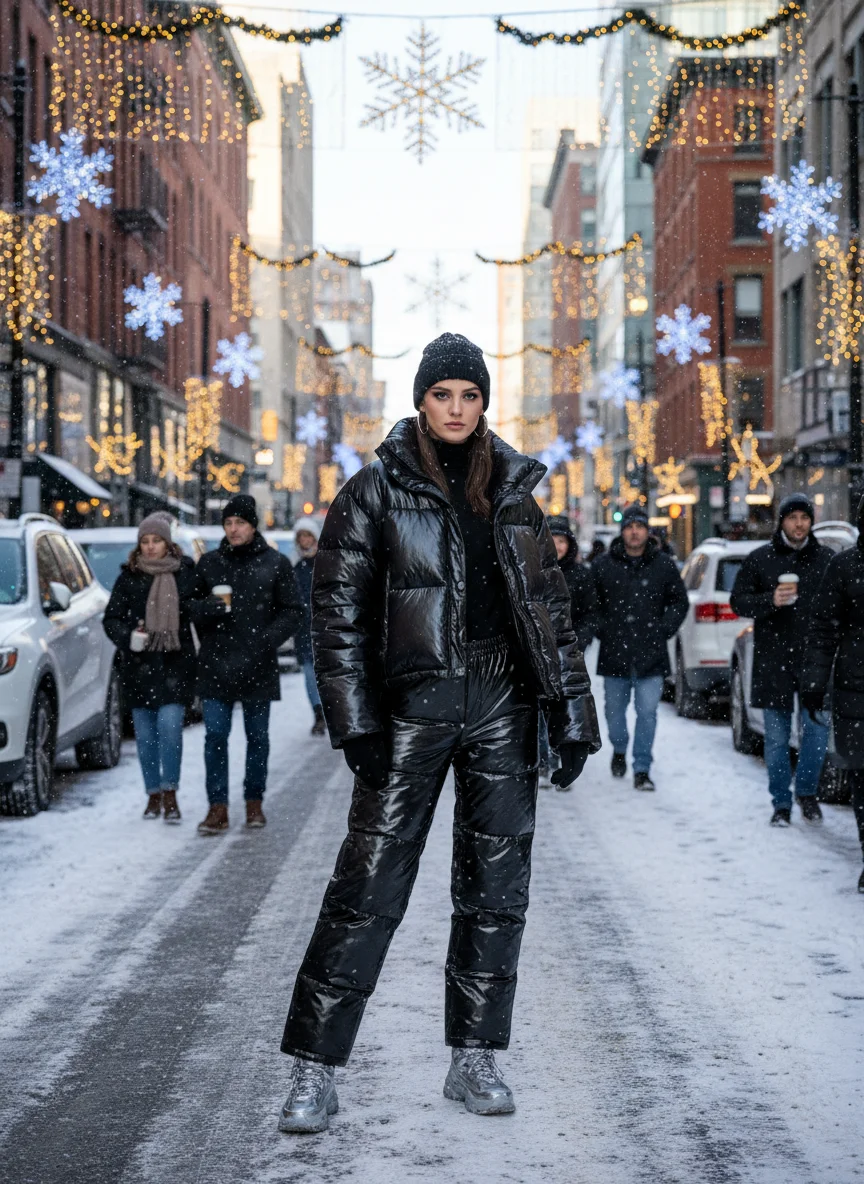 Shiny Black Puffer Streetwear Outfit