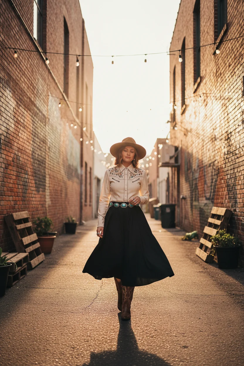 Cotton Long Black Skirt and Cowboy Boots