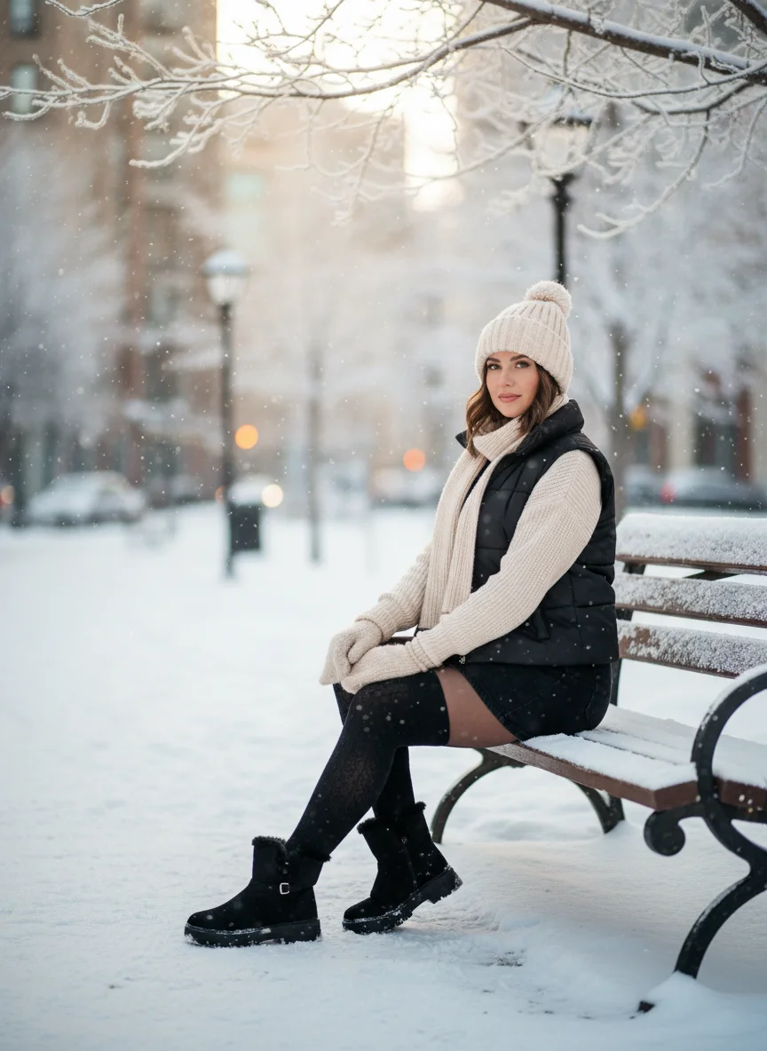 Black Denim Mini Skirt with Puffer Vest