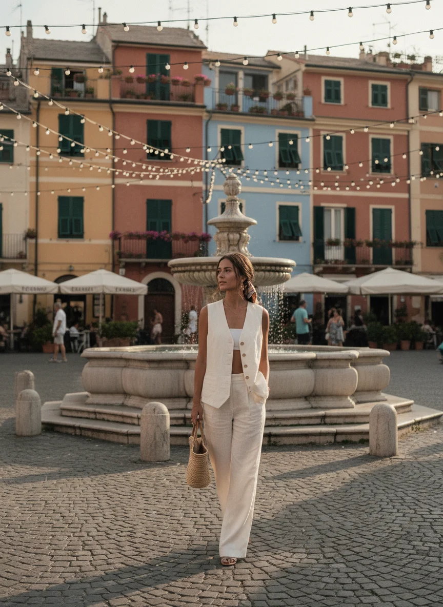 White Linen Vest Set