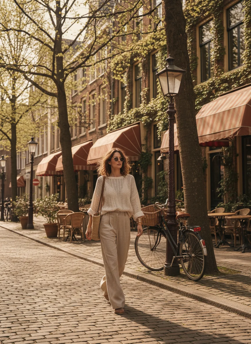 Beige Wide Leg Trousers