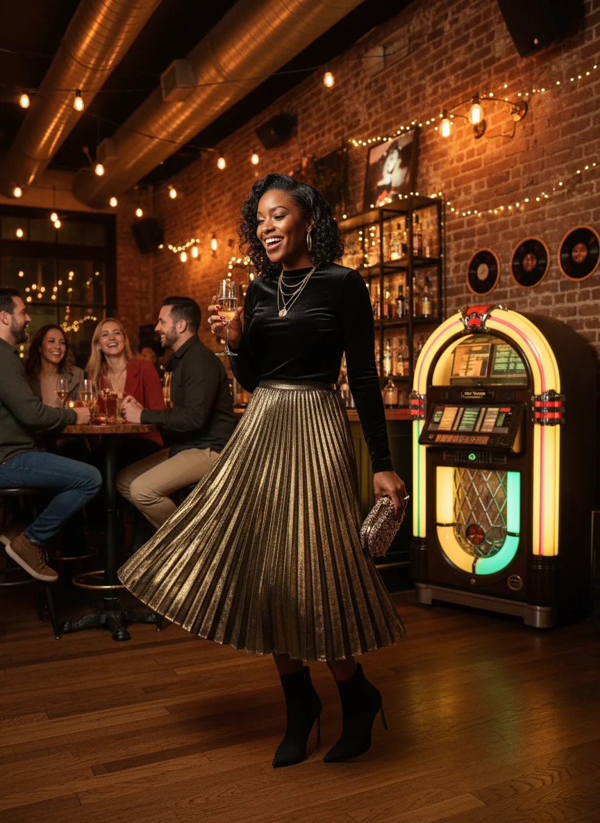 Metallic Gold Pleated Skirt