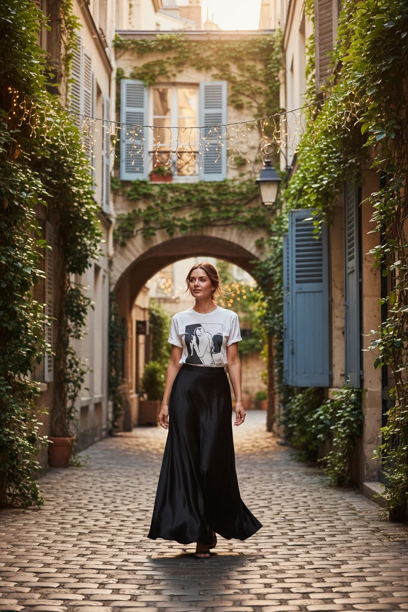 Silk Long Black Skirt and Graphic Tee
