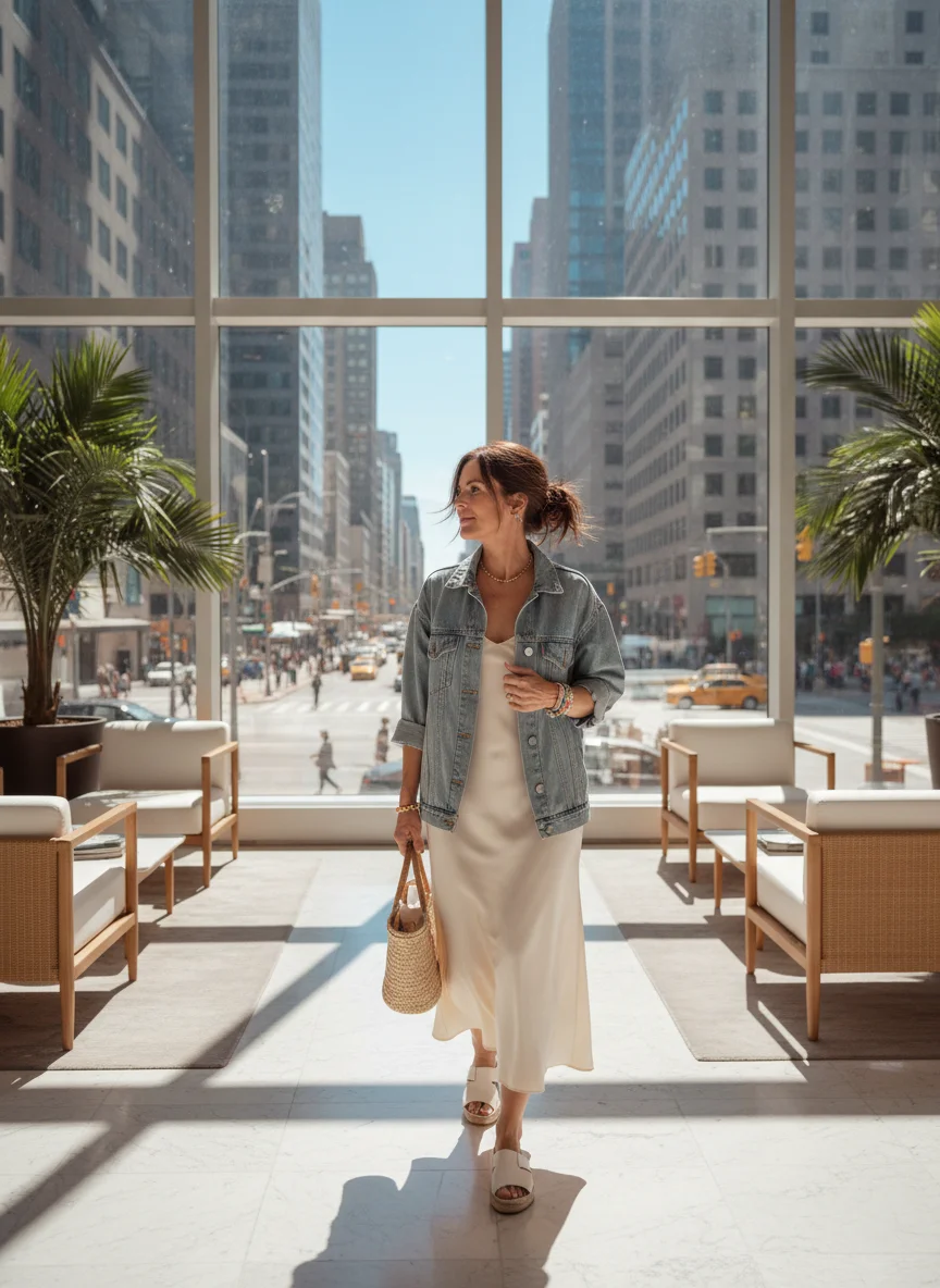Midi Slip Dress with Denim Jacket