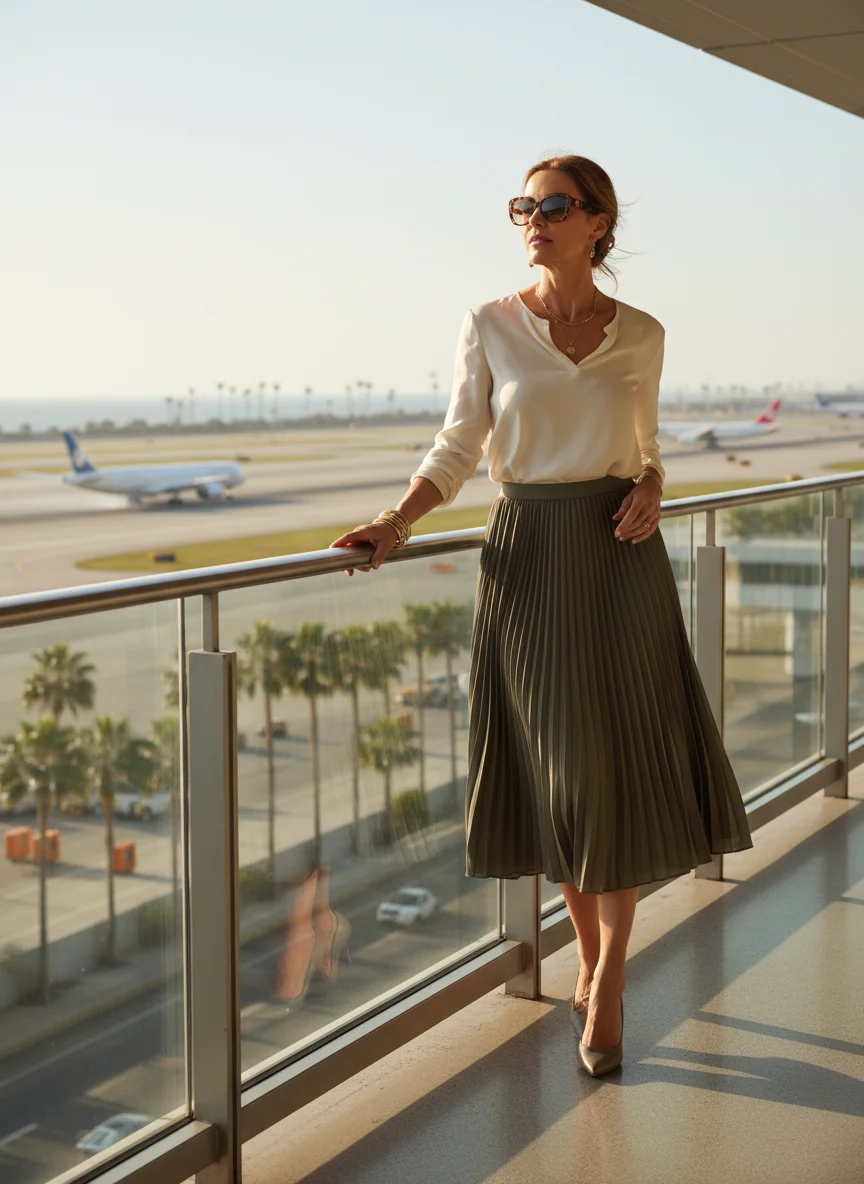 Pleated Midi Skirt and Simple Blouse