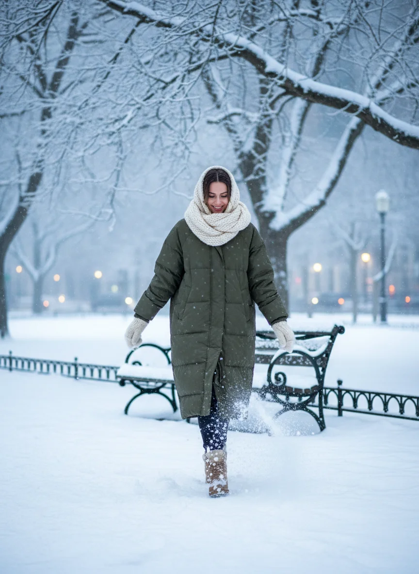 Long Parka with Chunky Scarf Outfit
