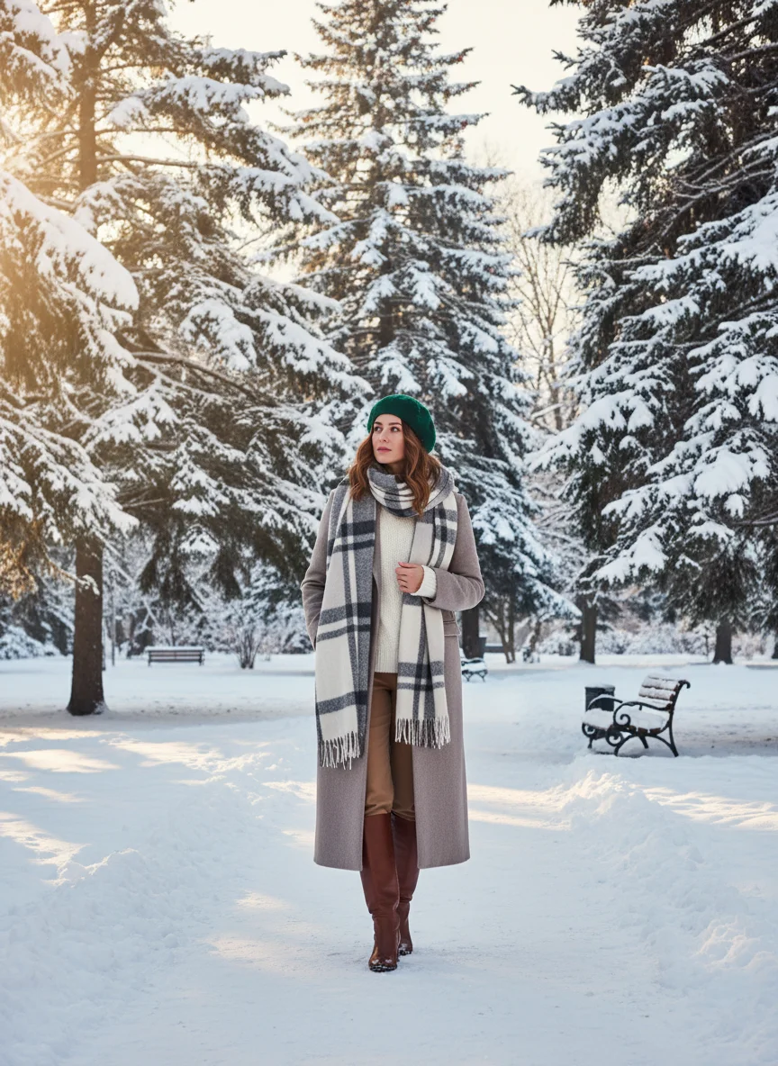Checkered Scarf and Neutral Coat Outfit
