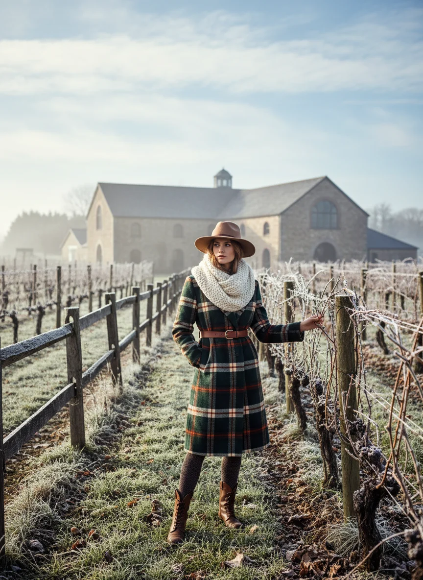 Plaid Coat Winery Outfit with Chunky Scarf
