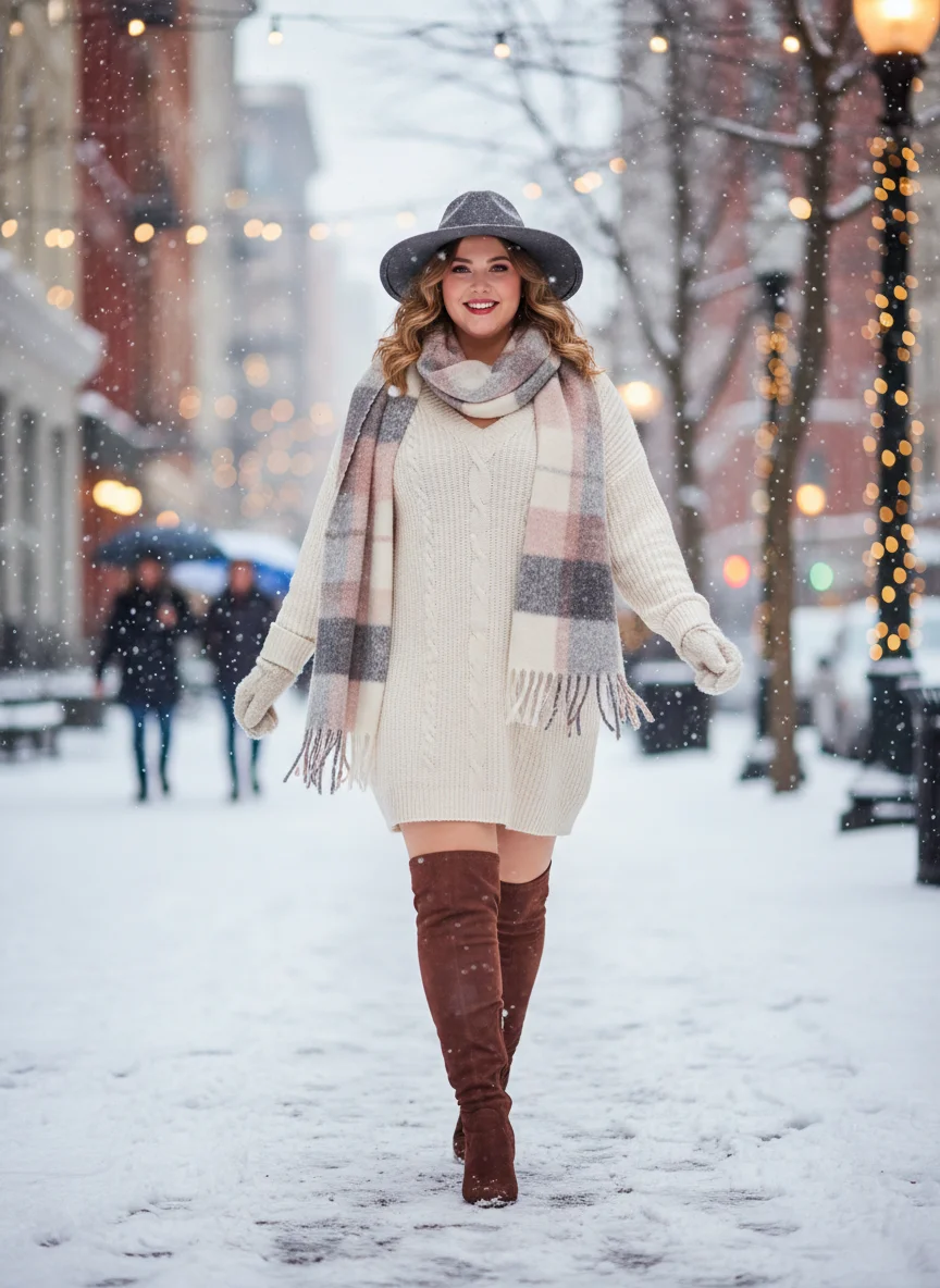 V-Neck Sweater Dress and Knee Boots