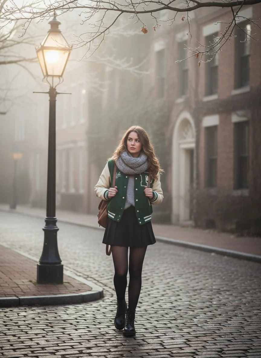 Pleated Black Mini Skirt and Varsity Jacket
