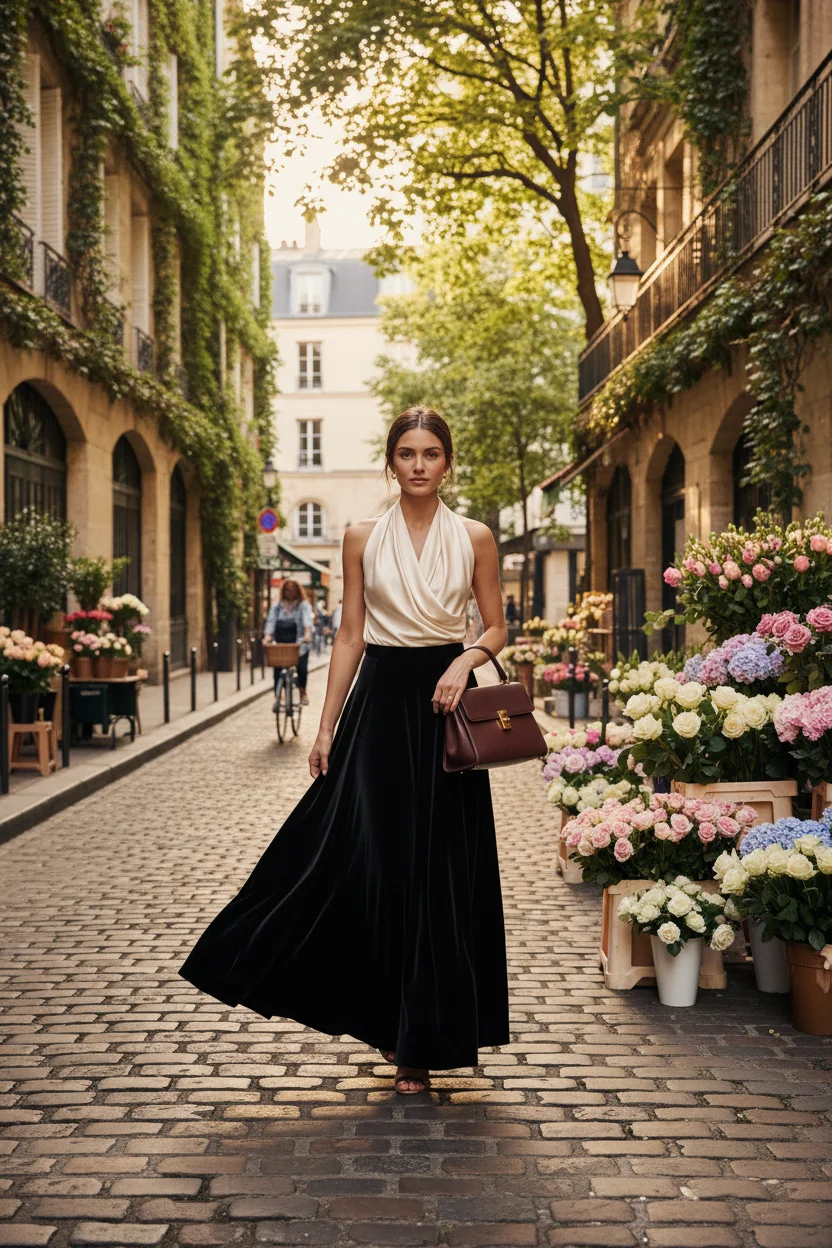 Velvet Long Black Skirt and a Silk Scarf Top