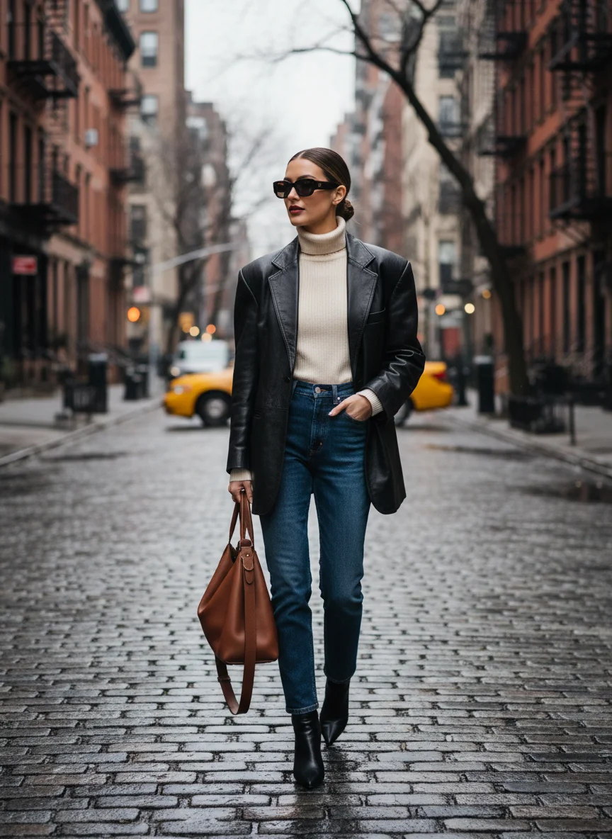 Leather Blazer & Turtleneck