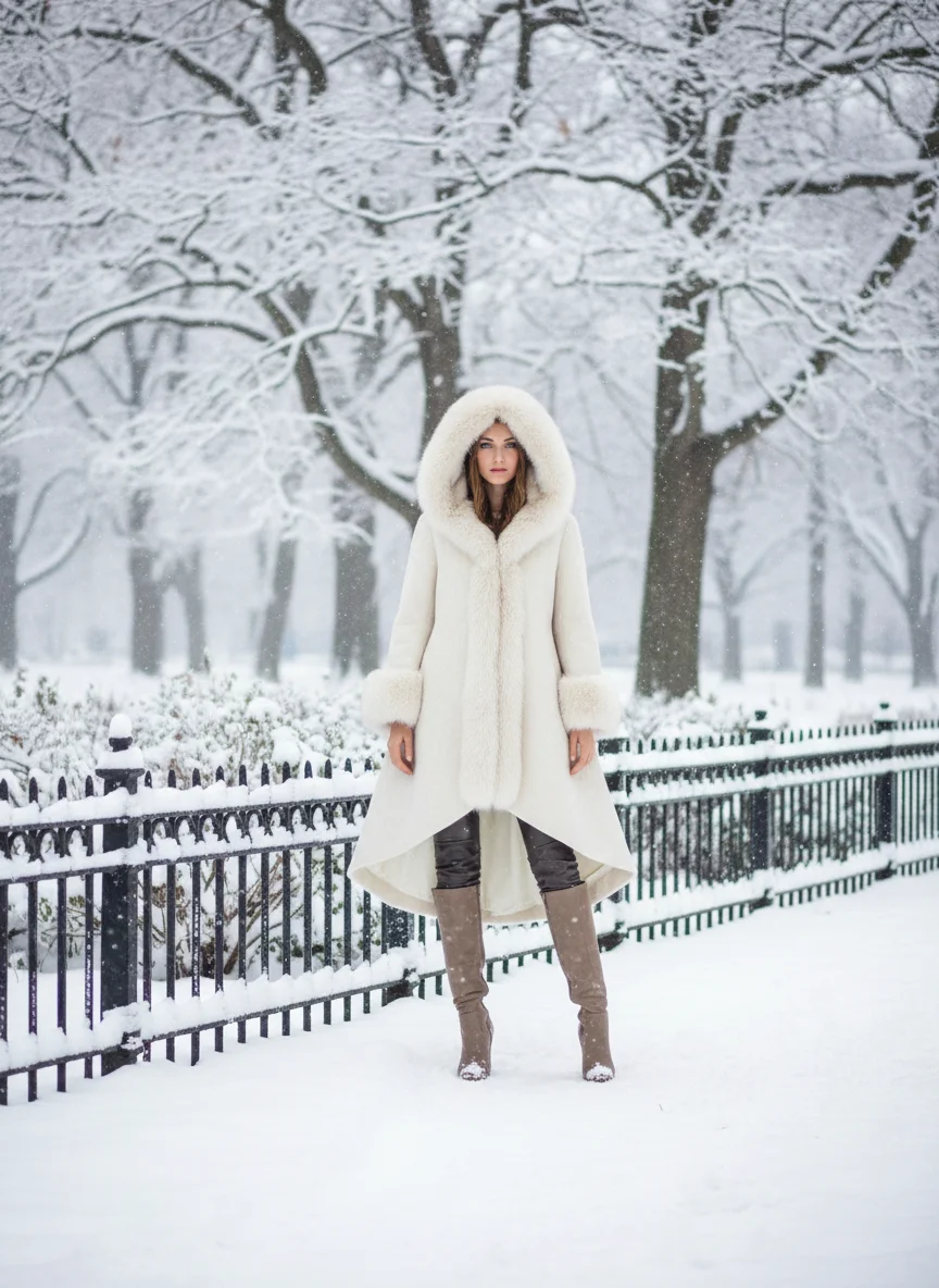 Fur Trimmed Hood Coat Outfit