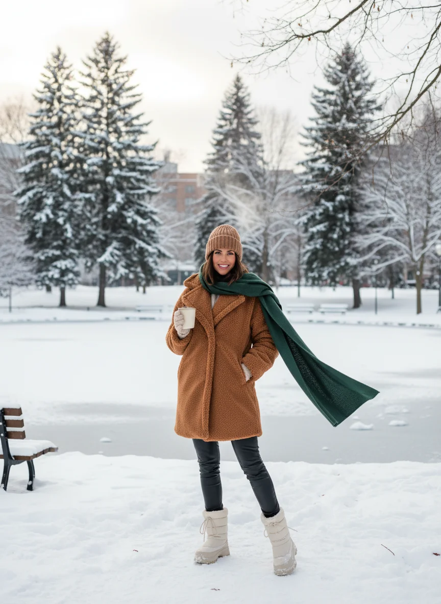 Teddy Coat and Leather Leggings Outfit